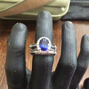 Sterling silver, beautifully etched ring set. Sapphire color stone. Size 7